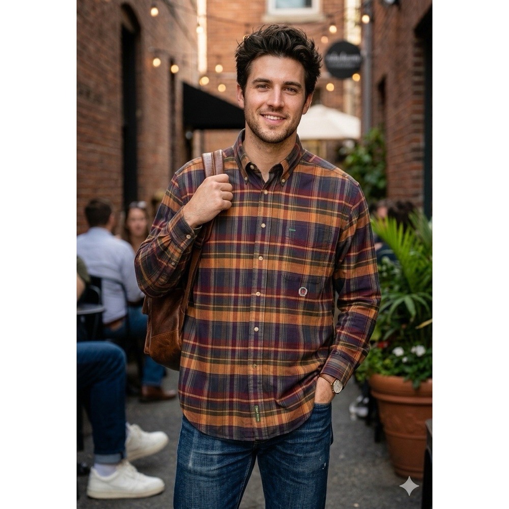 Tommy Hilfiger Men's Multicolor Brown Navy Plaid Long Sleeve Button-Down Shirt L